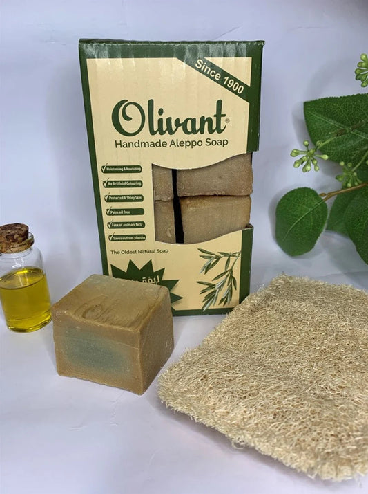 OLIVANT HANDMADE ALEPPO SOAP100% OLIVE OIL PURE NATRUL & VEGAN(4 BARS WITH NATURAL LOOFAH)